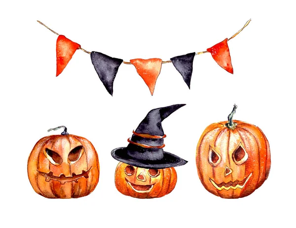 watercolor illustration. a multicolored garland of flags and three pumpkins with a witch's hat on their head with different emotions. the inscription happy halloween . isolated on a white background.