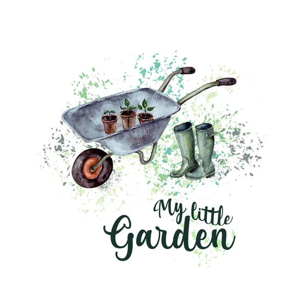 watercolor illustration. a set of garden items. garden wheelbarrow with seedlings and rubber boots.ready-made design for the book.isolated on a white background.