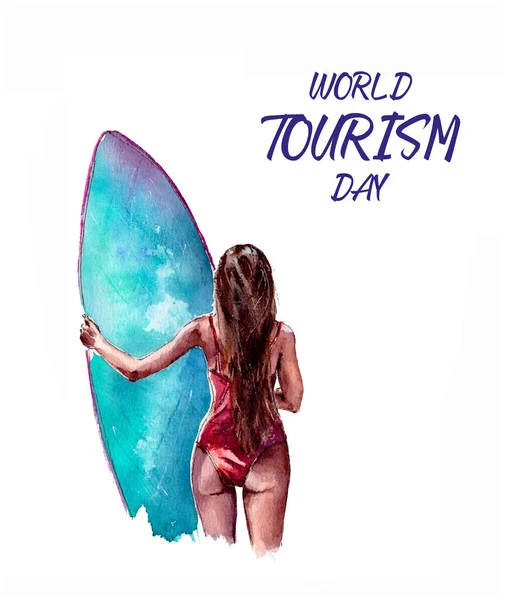 Ilustração aquarela do modelo do logotipo do dia do turismo mundial isolado em um fundo branco — Fotografia de Stock