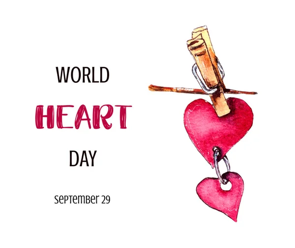 Ilustração aquarela do dia mundial do coração, o emblema com o inscription.isolated em um fundo branco — Fotografia de Stock
