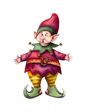 Suluboya çizimi. Şirin Noel Elfleri beyaz bir arka planda izole edilmiş küçük Noel Baba yardımcıları.
