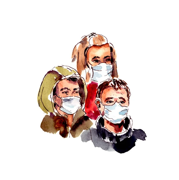 Akvarell illusztráció, világ karantén-COVID 19 koronavírus fertőzés, egy csoport ember védő maszkok, védőruházat, illusztráció a covid-19 vírus, orvosi kézfertőtlenítő — Stock Fotó