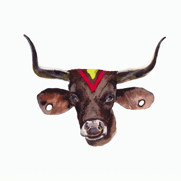 Watercolor illustration.Year Of The Bull 2021.Cute unusual steers Ілюстрація Нового року і Різдва. Булла - символ 2021,1 року, ізольованого на білому тлі. — стокове фото