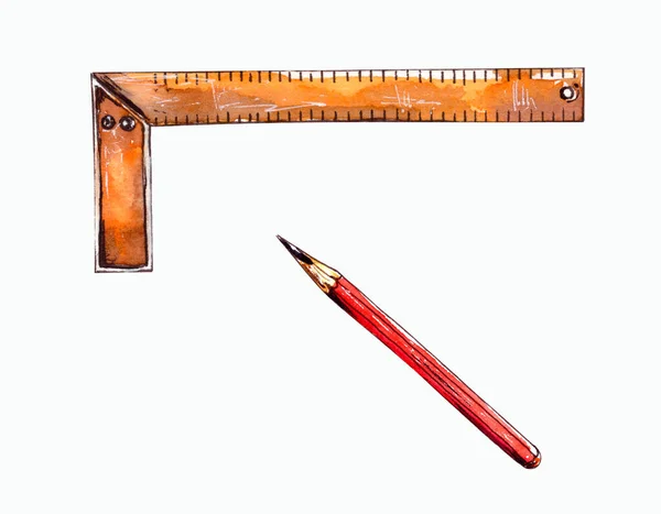 水彩画 施工概念的测量工具 金属尺子和铅笔 被白色背景隔离 — 图库照片