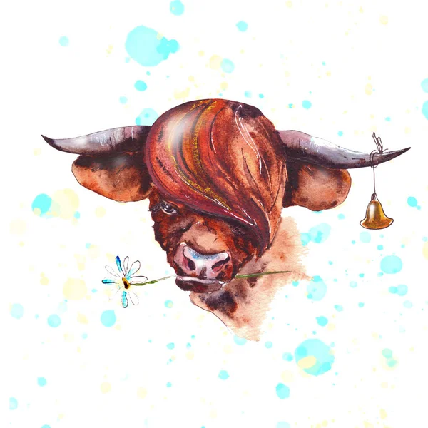 Watercolor illustration.Year Of The Bull 2021.Cute unusual steers. Illustration for the New year and Christmas. The bull is the symbol of the year 2021.isolated on a white background.