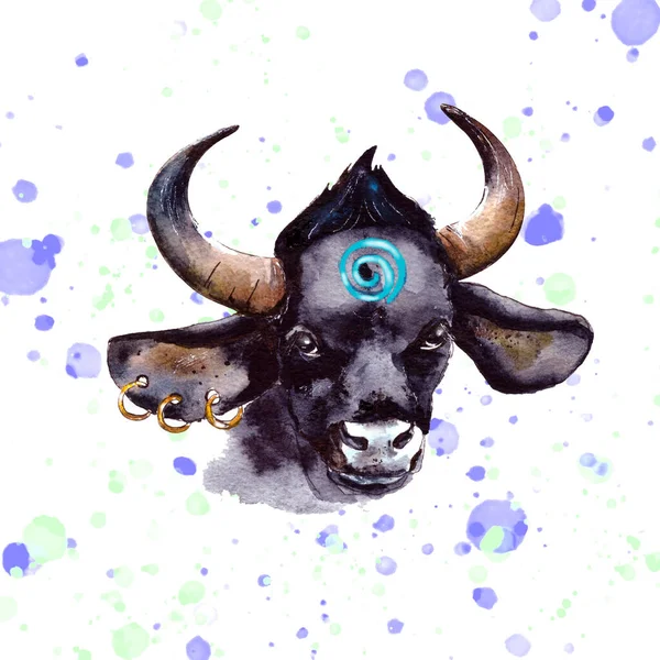 Watercolor Illustration Year Bull 2021 Cute Unusual Steers Illustration New — Stock Photo, Image
