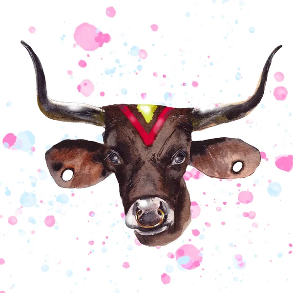 Watercolor illustration.Year Of The Bull 2021.Cute unusual steers. Illustration for the New year and Christmas. The bull is the symbol of the year 2021.isolated on a white background.