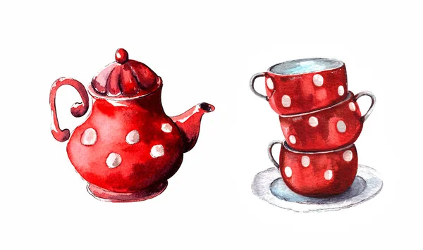 Ilustração Aquarela Conjunto Copos Vermelhos Bule Vermelho Com Bolinhas Brancas — Fotografia de Stock