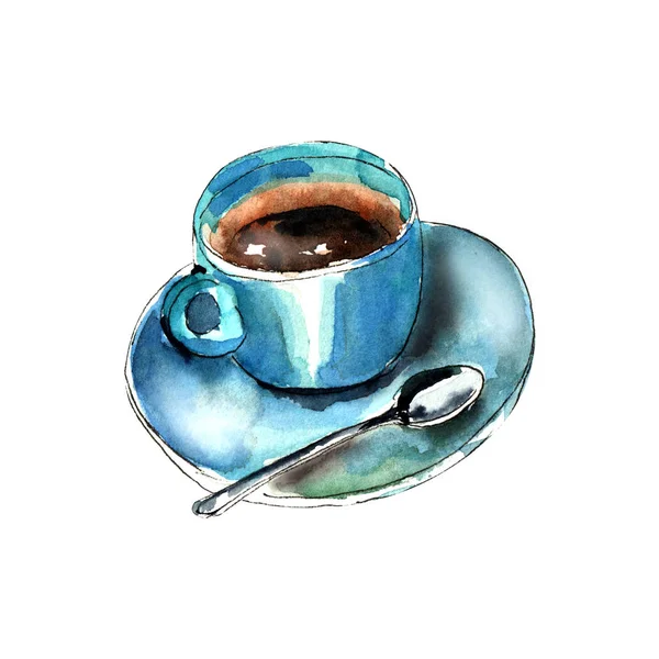 Illustrazione Acquerello Tazza Caffè Con Piattino Cucchiaio Tavolo Legno Caffè — Foto Stock