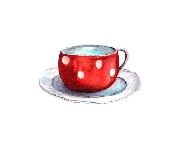 Illustration Aquarelle Ensemble Tasses Rouges Pois Blancs Ensemble Vaisselle Rétro — Photo