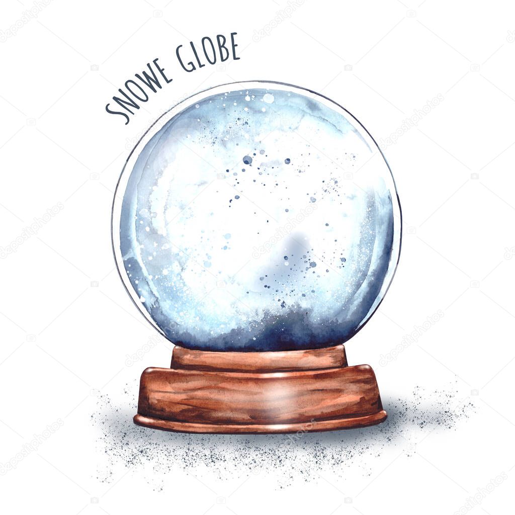 Watercolor illustration of a Magic Christmas glass snow globe on a wooden stand.New year's surprise, Santa Claus gift, snow souvenir.isolated on white background.