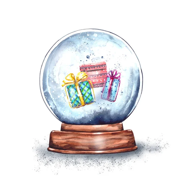 Aquarell Illustration Magische Weihnachtsglasschneekugel Auf Einem Holzständer Mit Geschenkboxen Drinnen — Stockfoto