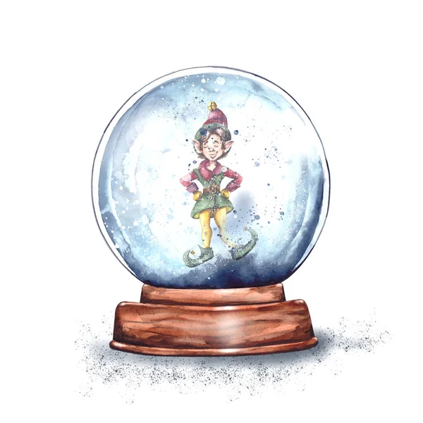 Aquarel Illustratie Magie Kerst Glas Sneeuwbol Een Houten Standaard Met — Stockfoto