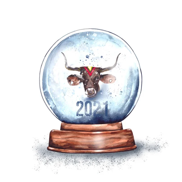 Watercolor Illustration Magic Globo Neve Vidro Natal Suporte Madeira Com — Fotografia de Stock