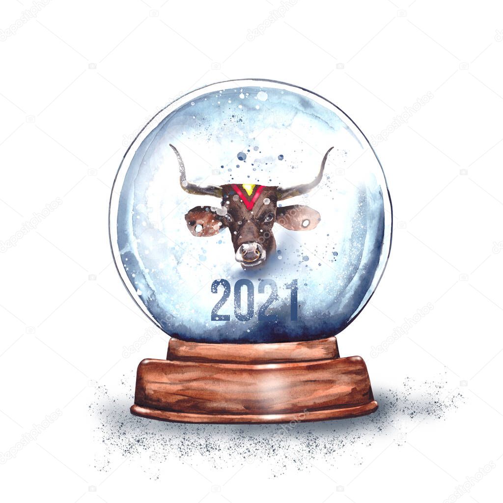 Watercolor illustration.magic Christmas glass snow globe on a wooden stand with a bull's head inside.Horned bull symbol of the year 2021 according to the Eastern horoscope.New year's surprise, gift from Santa Claus, snow souvenir.isolated on a white 