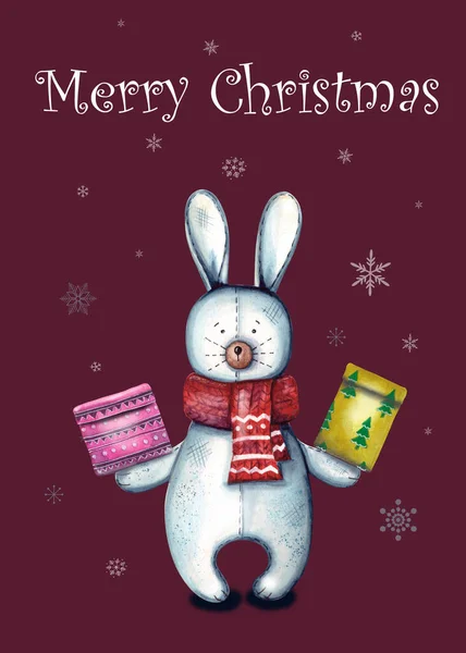 Akwarela ilustracja Wesołych Świąt i szczęśliwego Nowego Roku. Boże Narodzenie ładny królik z prezentem w ręku. Cute zabawka Bunny na plakat, zaproszenie i kartkę z życzeniami. izolowany na czerwonym tle z — Zdjęcie stockowe