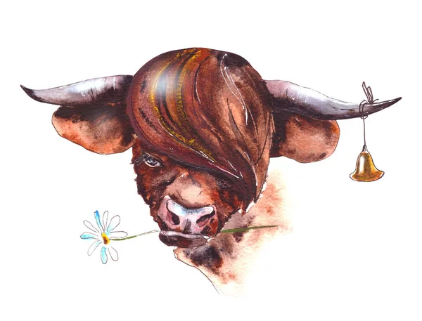 Akvarel ilustrace.Rok býka 2021.Roztomilý neobvyklý býk se zvonkem na rohu. Ilustrace na Nový rok a Vánoce. Míč je symbol 2021.izolované na bílém pozadí — Stock fotografie