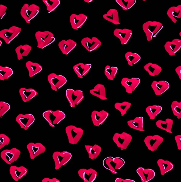 Acuarela ilustración de un patrón sin costuras de corazones rojos sobre un fondo negro. plantilla de diseño para celebrar el día de San Valentín. Diseño para San Valentín. —  Fotos de Stock