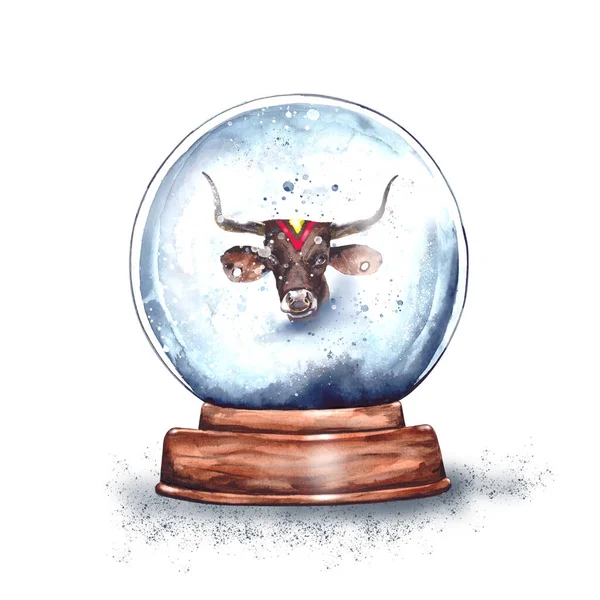 Akvarel Ilustrace Magie Vánoční Skleněná Sněhová Koule Dřevěném Stojanu Býčí — Stock fotografie