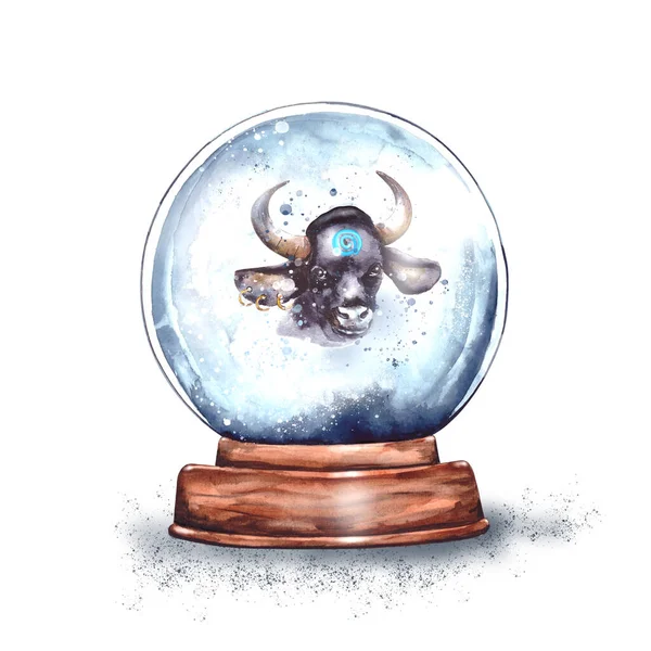 Watercolor Illustration Magic Globo Neve Vidro Natal Suporte Madeira Com — Fotografia de Stock