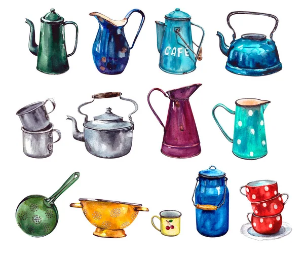 Watercolor Illustration Set Enameled Vintage Multicolor Dispecifications Traces Rust Jugs — 스톡 사진