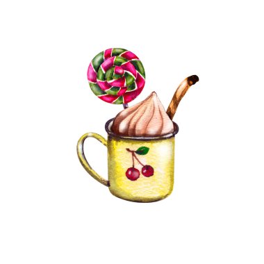 Noel sembolleri ve tatil unsurları suluboya çizimi. Marşmelov ve tarçın çubuklu sarı emaye retro fincan. Dekorasyon için kırmızı yeşil lolipop. Beyaz bir torbada izole edilmiş.