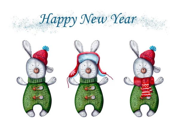 watercolor illustration of Happy Christmas and happy New year. Christmas Cute bunnies Character. set of cute toy bunnies for poster, invitation and greeting cards. isolated on a white background