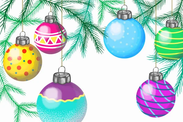 クリスマスツリーの枝に吊るされたガラスラウンドのクリスマスボールのイラスト 招待状 クリスマスや新年を祝うためのポスターのためのテンプレート — ストック写真