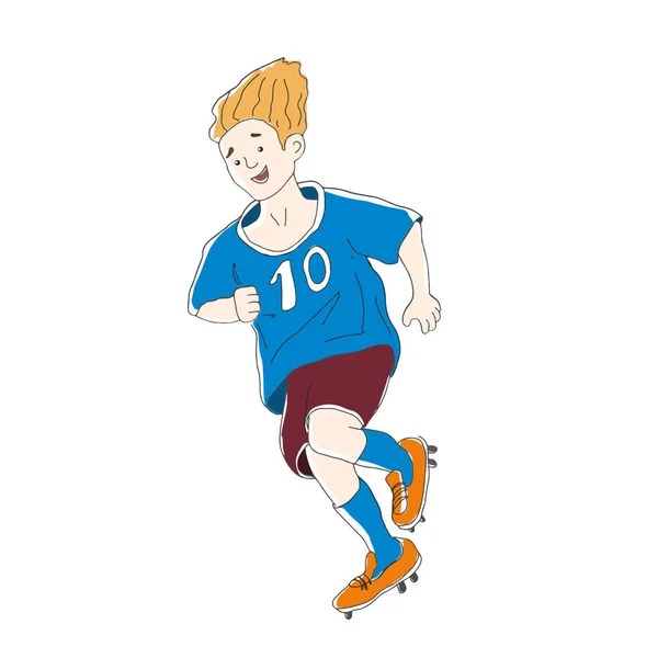 Ilustração Vetorial Uniforme Azul Jogando Futebol Com Uma Bola Branca — Vetor de Stock