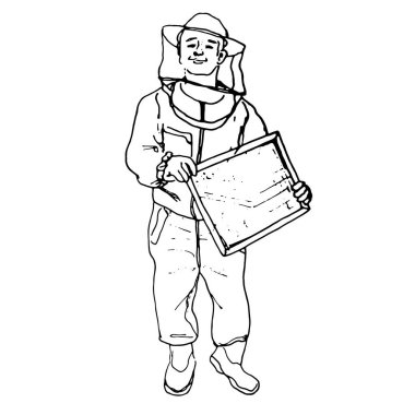 Vektör illüstrasyonu.Siyahlı görüntü, beyaz arka planda izole edilmiş arılar üzerinde çalışan koruyucu elbiseli neşeli bir arı yetiştiricisi.