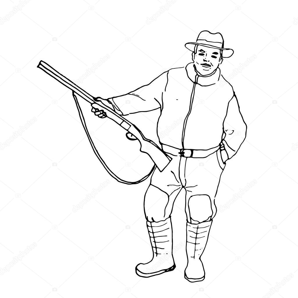 vector illustration. image in black outline of a young cheerful hunter in a hat boots and a gun in his hands. isolated on a white background.
