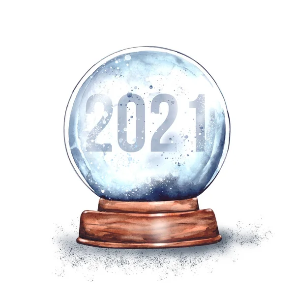 Watercolor Illustration Magic Globo Neve Vidro Natal Suporte Madeira Com — Fotografia de Stock