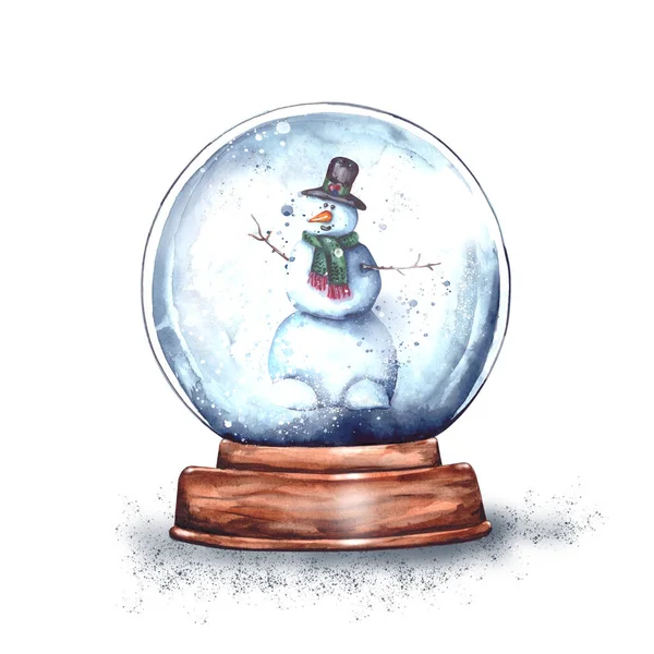 水の色のイラスト 魔法のクリスマスグラススノーグローブ木製のスタンドに小さな面白い雪だるまが入っています 新年の驚き サンタクロースからの贈り物 雪のお土産 白い背景に隔離された — ストック写真