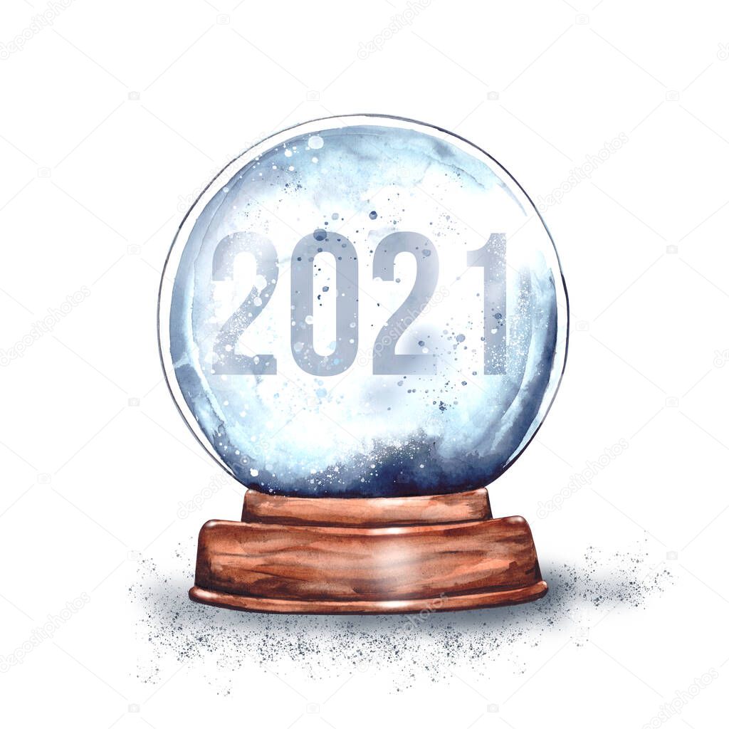 Watercolor illustration.magic Christmas glass snow globe on a wooden stand with a number with the date 2021 inside.New year's surprise, gift from Santa Claus, snow souvenir.isolated on a white background.