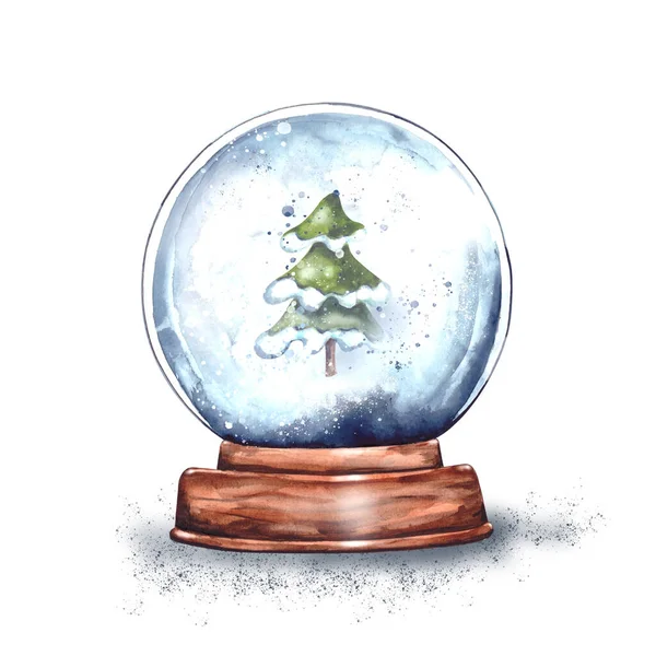 Watercolor Illustration Magic Christmas Glass Snow Globe Wooden Stand Small — Stock Photo, Image