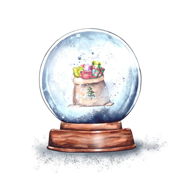 Illustration Aquarelle Boule Neige Verre Noël Magique Sur Stand Bois — Photo