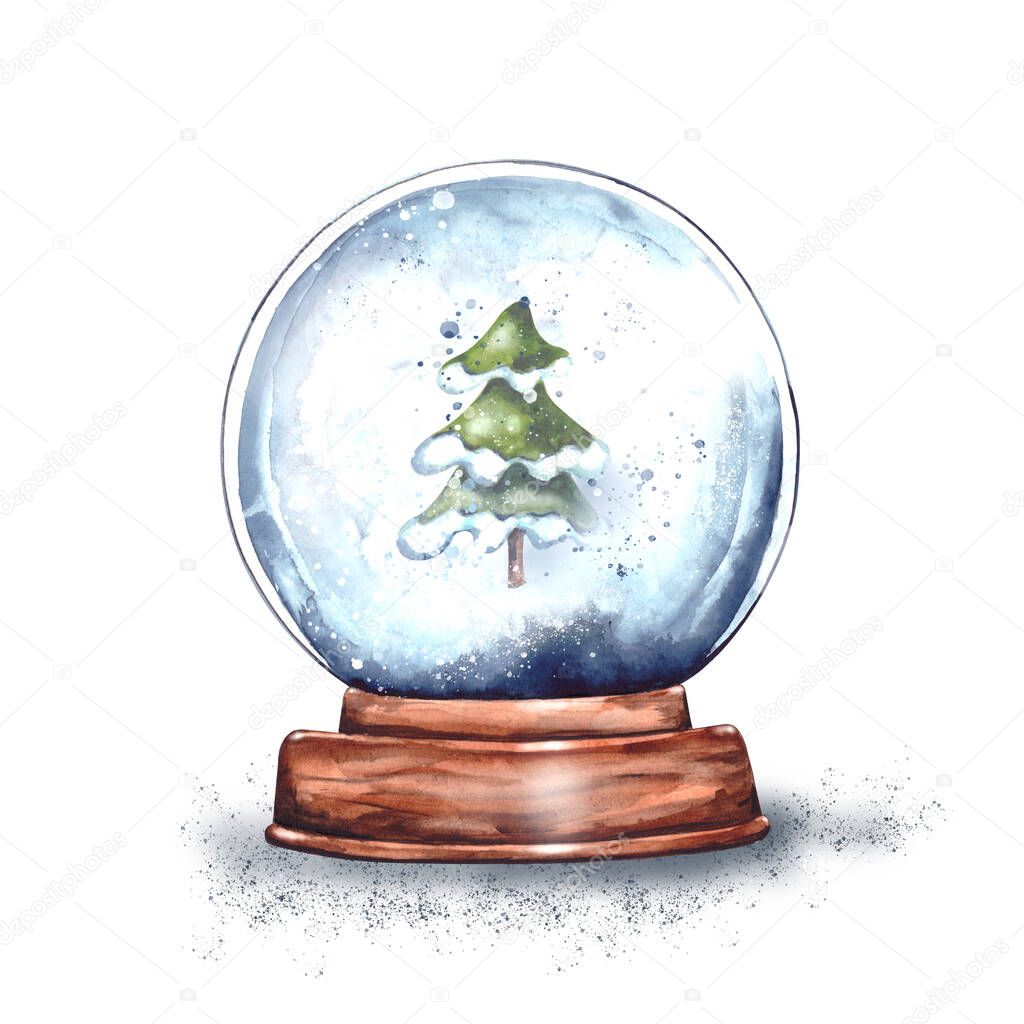Watercolor illustration.magic Christmas glass snow globe on a wooden stand with a small funny Christmas tree inside.New year's surprise, gift from Santa Claus, snow souvenir.isolated on a white background.