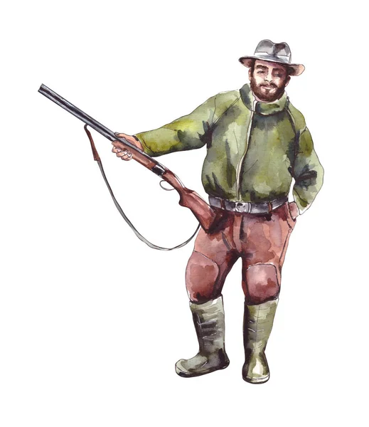水彩画 人物是一个拿着枪的猎人 男人的业余爱好和业余爱好 户外活动 头戴帽子的男人的形象 与白人隔离 — 图库照片