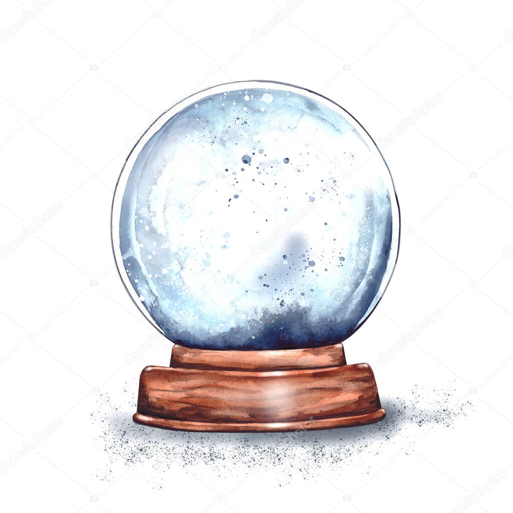 Watercolor illustration: magic Christmas glass snow globe on a wooden stand empty inside.New years surprise, gift from Santa Claus, snow souvenir.isolated on a white background
