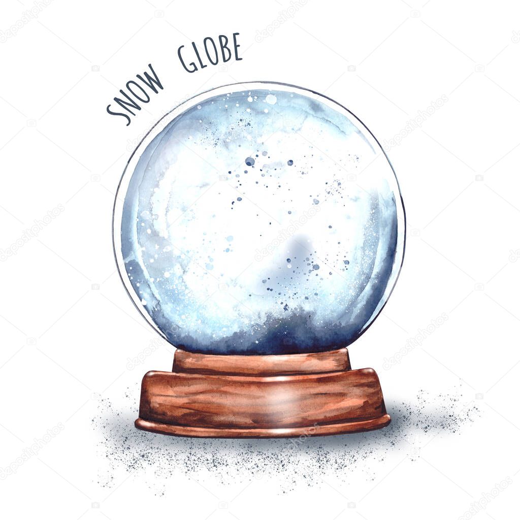 Watercolor illustration of a Magic Christmas glass snow globe on a wooden stand.New years surprise, Santa Claus gift, snow souvenir.isolated on white background