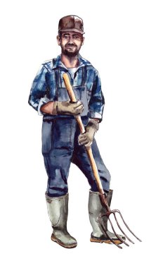 Suluboya çizimi. Karakter, elinde yaba olan şapkalı genç bir çiftçi. Erkek hobileri ve hobileri, açık hava aktiviteleri. Şapkalı bir adam figürü. Beyazlar içinde izole edilmiş.