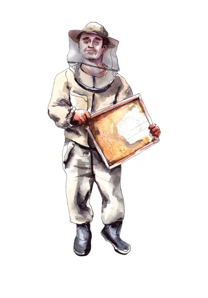 Watercolor illustration.The character is a peasant beekeeper in a protective suit and hat with a honeycomb in his hands. Mens Hobbies and Hobbies, active recreation.Figure of a male beekeeper in a — Stock Photo, Image