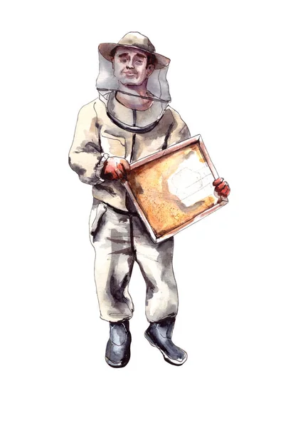 Illustration aquarelle. Le personnage est un apiculteur paysan en costume de protection et chapeau avec un nid d'abeille à la main. Loisirs et passe-temps des hommes, loisirs actifs.Figure d'un apiculteur masculin dans un — Photo