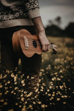Genç bir adamın elinde küçük bir ukulele