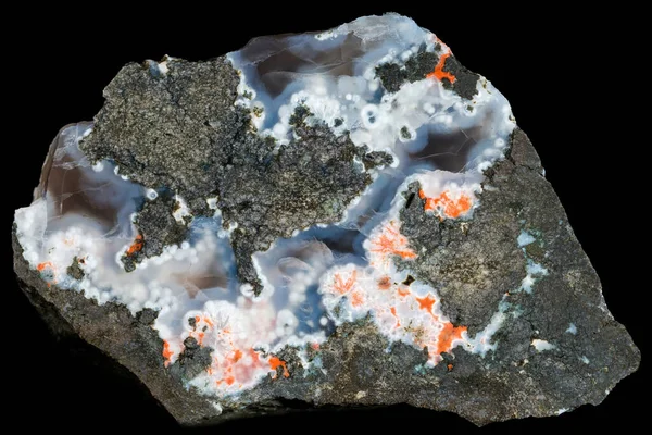 Kék Kalcedóniás Földtani Minta Azonosítatlan Fehér Vörös Zeolitokkal Vulkáni Kőzetben Stock Kép