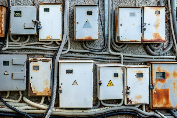 Cajas Eléctricas Viejas Metal Oxidado Con Cables Pared Una Subestación — Foto de Stock
