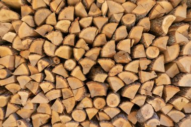 Kesilmiş odun duvarı, kesilen odun yığınının içindeki kuru yakacak odunlarının arka planı.
