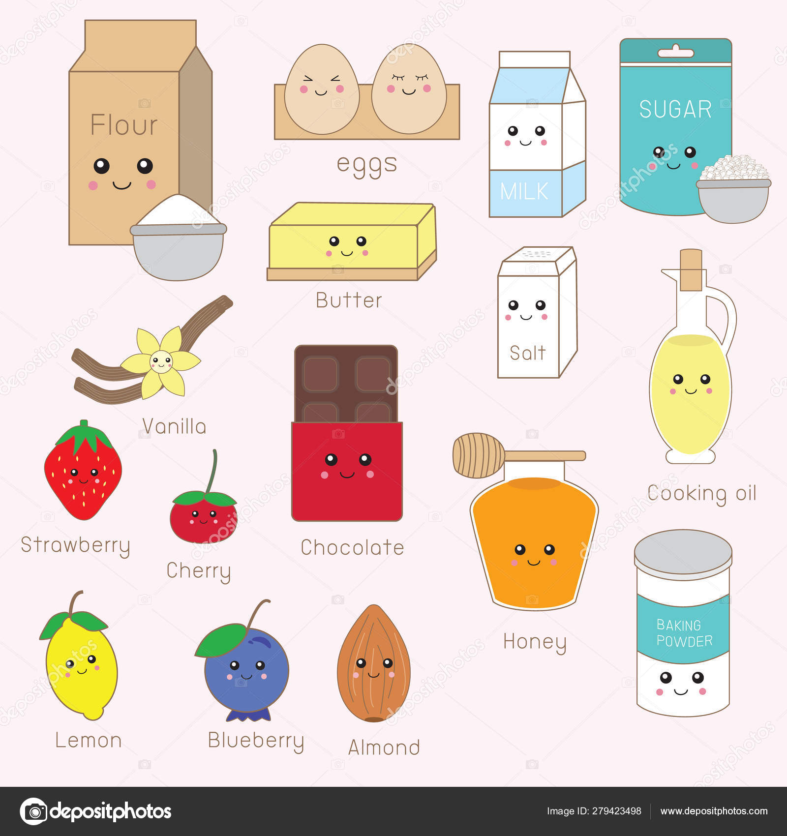 Panadería materia prima ingrediente cosas kawaii lindo. ilustración v  Vector de stock por ©poopkapap 279423498