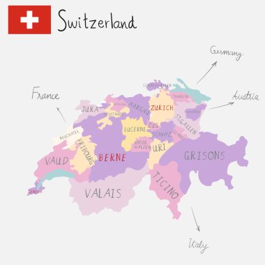 El çizim Switzerlamd el lettering.illustration ile haritalar. 