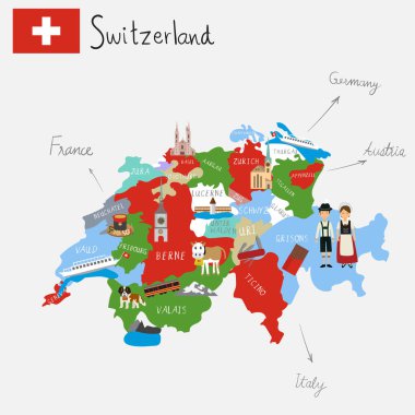 El çizim Switzerlamd el lettering.illustration ile haritalar. 
